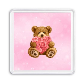 Магнит 55*55 с принтом Плюшевый медведь с сердечком в Новосибирске, Пластик | Размер: 65*65 мм; Размер печати: 55*55 мм | Тематика изображения на принте: арт | животные | картинка | медвежонок | мишка | плюшевый медведь | рисунок | розовые цветы | розочки | розы | сердечко | сердце | сердце из роз | цветы