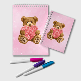 Блокнот с принтом Плюшевый медведь с сердечком в Новосибирске, 100% бумага | 48 листов, плотность листов — 60 г/м2, плотность картонной обложки — 250 г/м2. Листы скреплены удобной пружинной спиралью. Цвет линий — светло-серый
 | арт | животные | картинка | медвежонок | мишка | плюшевый медведь | рисунок | розовые цветы | розочки | розы | сердечко | сердце | сердце из роз | цветы