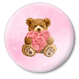 Значок с принтом Плюшевый медведь с сердечком в Новосибирске,  металл | круглая форма, металлическая застежка в виде булавки | арт | животные | картинка | медвежонок | мишка | плюшевый медведь | рисунок | розовые цветы | розочки | розы | сердечко | сердце | сердце из роз | цветы
