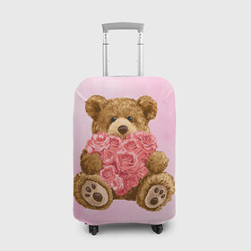 Чехол для чемодана 3D с принтом Плюшевый медведь с сердечком в Новосибирске, 86% полиэфир, 14% спандекс | двустороннее нанесение принта, прорези для ручек и колес | арт | животные | картинка | медвежонок | мишка | плюшевый медведь | рисунок | розовые цветы | розочки | розы | сердечко | сердце | сердце из роз | цветы