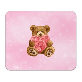 Коврик для мышки прямоугольный с принтом Плюшевый медведь с сердечком в Новосибирске, натуральный каучук | размер 230 х 185 мм; запечатка лицевой стороны | Тематика изображения на принте: арт | животные | картинка | медвежонок | мишка | плюшевый медведь | рисунок | розовые цветы | розочки | розы | сердечко | сердце | сердце из роз | цветы