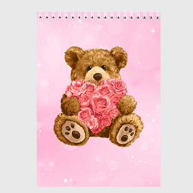 Скетчбук с принтом Плюшевый медведь с сердечком в Новосибирске, 100% бумага
 | 48 листов, плотность листов — 100 г/м2, плотность картонной обложки — 250 г/м2. Листы скреплены сверху удобной пружинной спиралью | Тематика изображения на принте: арт | животные | картинка | медвежонок | мишка | плюшевый медведь | рисунок | розовые цветы | розочки | розы | сердечко | сердце | сердце из роз | цветы
