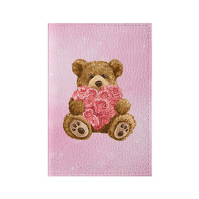 Обложка для паспорта матовая кожа с принтом Плюшевый медведь с сердечком в Новосибирске, натуральная матовая кожа | размер 19,3 х 13,7 см; прозрачные пластиковые крепления | арт | животные | картинка | медвежонок | мишка | плюшевый медведь | рисунок | розовые цветы | розочки | розы | сердечко | сердце | сердце из роз | цветы
