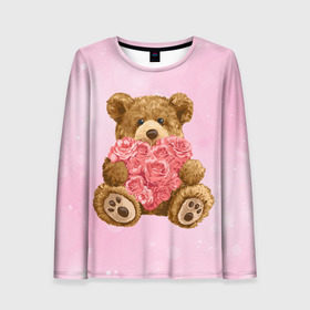 Женский лонгслив 3D с принтом Плюшевый медведь с сердечком в Новосибирске, 100% полиэстер | длинные рукава, круглый вырез горловины, полуприлегающий силуэт | арт | животные | картинка | медвежонок | мишка | плюшевый медведь | рисунок | розовые цветы | розочки | розы | сердечко | сердце | сердце из роз | цветы