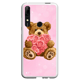 Чехол для Honor P Smart Z с принтом Плюшевый медведь с сердечком в Новосибирске, Силикон | Область печати: задняя сторона чехла, без боковых панелей | Тематика изображения на принте: арт | животные | картинка | медвежонок | мишка | плюшевый медведь | рисунок | розовые цветы | розочки | розы | сердечко | сердце | сердце из роз | цветы