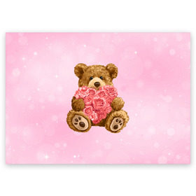 Поздравительная открытка с принтом Плюшевый медведь с сердечком в Новосибирске, 100% бумага | плотность бумаги 280 г/м2, матовая, на обратной стороне линовка и место для марки
 | Тематика изображения на принте: арт | животные | картинка | медвежонок | мишка | плюшевый медведь | рисунок | розовые цветы | розочки | розы | сердечко | сердце | сердце из роз | цветы