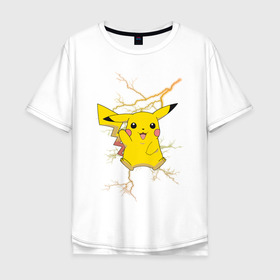 Мужская футболка хлопок Oversize с принтом Pikachu в Новосибирске, 100% хлопок | свободный крой, круглый ворот, “спинка” длиннее передней части | Тематика изображения на принте: anime | pikachu | pokemon | pokemon logo | аниме | анимэ | пика | пикачу | покемон | покемон постер | эш и пикачу | эш кетчум | япония | японский