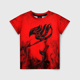 Детская футболка 3D с принтом Хвост Феи черное пламя на красном фоне в Новосибирске, 100% гипоаллергенный полиэфир | прямой крой, круглый вырез горловины, длина до линии бедер, чуть спущенное плечо, ткань немного тянется | bright | fairy tail | fire | happy | heat | light | natsu | wildfire | грей фуллбастер | добенгаль | иксид | искры | кавазу | лектор | локи | люси | нацу | нацу драгнил | ничия | огненный | огонь | пантер лили | пламя | пожар | то