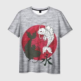 Мужская футболка 3D с принтом Japan style в Новосибирске, 100% полиэфир | прямой крой, круглый вырез горловины, длина до линии бедер | арт | гармония | животные | инь янь | карп | картинка | красная луна | подарок | рисунок | самурай | цыгун | японский