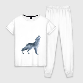Женская пижама хлопок с принтом Зимний волк в Новосибирске, 100% хлопок | брюки и футболка прямого кроя, без карманов, на брюках мягкая резинка на поясе и по низу штанин | арт | белый | вой | волк | животные | зима | картинка | краски | ночь | рисунок | синий | снег | темный | черный