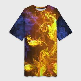 Платье-футболка 3D с принтом Огненный цветок в Новосибирске,  |  | fire | flame | luxe | абстракция | дым | золото | золотой | красивая | огонь | пламя | пламя космос | психоделика | разводы красок | синий | фракталы | цветок