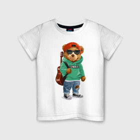 Детская футболка хлопок с принтом Медведь с гитарой в Новосибирске, 100% хлопок | круглый вырез горловины, полуприлегающий силуэт, длина до линии бедер | summer | арт | бард | гитара | животные | картинка | кеды | лето | медведь | медвежонок | музыкант | песни | рванные джинсы | рисунок