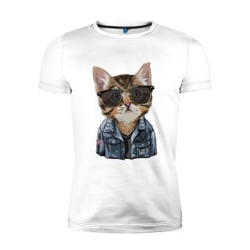 Мужская футболка премиум с принтом Кот в очках в Новосибирске, 92% хлопок, 8% лайкра | приталенный силуэт, круглый вырез ворота, длина до линии бедра, короткий рукав | cat | в очках | кот | кот рокер | котик | котяра | кошка | крутой кот | милый | милый кот | рокер