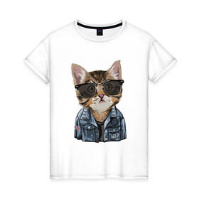 Женская футболка хлопок с принтом Кот в очках в Новосибирске, 100% хлопок | прямой крой, круглый вырез горловины, длина до линии бедер, слегка спущенное плечо | cat | в очках | кот | кот рокер | котик | котяра | кошка | крутой кот | милый | милый кот | рокер