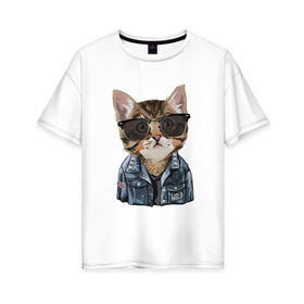 Женская футболка хлопок Oversize с принтом Кот в очках в Новосибирске, 100% хлопок | свободный крой, круглый ворот, спущенный рукав, длина до линии бедер
 | cat | в очках | кот | кот рокер | котик | котяра | кошка | крутой кот | милый | милый кот | рокер