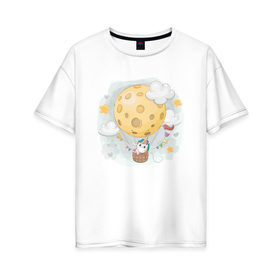 Женская футболка хлопок Oversize с принтом Единорог в космосе в Новосибирске, 100% хлопок | свободный крой, круглый ворот, спущенный рукав, длина до линии бедер
 | nasa | воздушный шар | единорог | звезды | космос | луна | милый | милый единорог