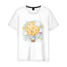 Мужская футболка хлопок с принтом Единорог в космосе в Новосибирске, 100% хлопок | прямой крой, круглый вырез горловины, длина до линии бедер, слегка спущенное плечо. | nasa | воздушный шар | единорог | звезды | космос | луна | милый | милый единорог