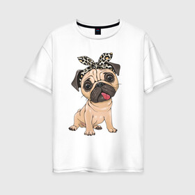 Женская футболка хлопок Oversize с принтом милый мопс в Новосибирске, 100% хлопок | свободный крой, круглый ворот, спущенный рукав, длина до линии бедер
 | versace | арт | версаче | гламурный | животные | золото | картинка | леопард | милый | мода | мопс | мопсиха | пес | песик | рисунок | собака