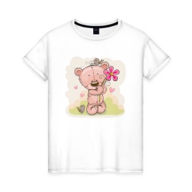 Женская футболка хлопок с принтом Милый мишка с цветочком в Новосибирске, 100% хлопок | прямой крой, круглый вырез горловины, длина до линии бедер, слегка спущенное плечо | арт | воробушек | воробьи | животные | картинка | медведь | медвежонок | мишка | плюшевый мишка | подарок | птичка | рисунок | цветок | цветочки