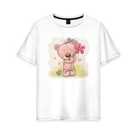 Женская футболка хлопок Oversize с принтом Милый мишка с цветочком в Новосибирске, 100% хлопок | свободный крой, круглый ворот, спущенный рукав, длина до линии бедер
 | арт | воробушек | воробьи | животные | картинка | медведь | медвежонок | мишка | плюшевый мишка | подарок | птичка | рисунок | цветок | цветочки