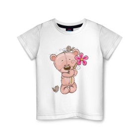 Детская футболка хлопок с принтом Милый мишка с цветочком в Новосибирске, 100% хлопок | круглый вырез горловины, полуприлегающий силуэт, длина до линии бедер | арт | воробушек | воробьи | животные | картинка | медведь | медвежонок | мишка | плюшевый мишка | подарок | птичка | рисунок | цветок | цветочки