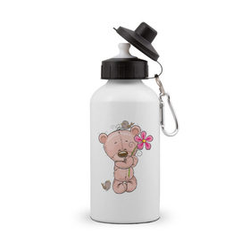 Бутылка спортивная с принтом Милый мишка с цветочком в Новосибирске, металл | емкость — 500 мл, в комплекте две пластиковые крышки и карабин для крепления | Тематика изображения на принте: арт | воробушек | воробьи | животные | картинка | медведь | медвежонок | мишка | плюшевый мишка | подарок | птичка | рисунок | цветок | цветочки