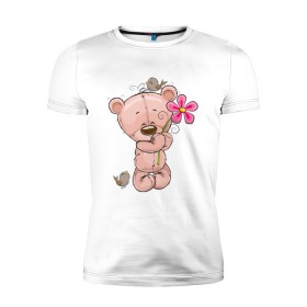 Мужская футболка премиум с принтом Милый мишка с цветочком в Новосибирске, 92% хлопок, 8% лайкра | приталенный силуэт, круглый вырез ворота, длина до линии бедра, короткий рукав | арт | воробушек | воробьи | животные | картинка | медведь | медвежонок | мишка | плюшевый мишка | подарок | птичка | рисунок | цветок | цветочки