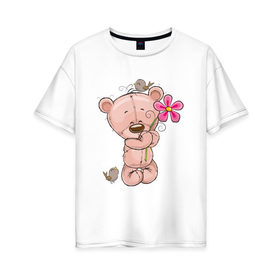 Женская футболка хлопок Oversize с принтом Милый мишка с цветочком в Новосибирске, 100% хлопок | свободный крой, круглый ворот, спущенный рукав, длина до линии бедер
 | арт | воробушек | воробьи | животные | картинка | медведь | медвежонок | мишка | плюшевый мишка | подарок | птичка | рисунок | цветок | цветочки