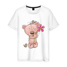 Мужская футболка хлопок с принтом Милый мишка с цветочком в Новосибирске, 100% хлопок | прямой крой, круглый вырез горловины, длина до линии бедер, слегка спущенное плечо. | арт | воробушек | воробьи | животные | картинка | медведь | медвежонок | мишка | плюшевый мишка | подарок | птичка | рисунок | цветок | цветочки