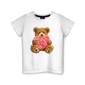 Детская футболка хлопок с принтом Плюшевый медведь с сердечком в Новосибирске, 100% хлопок | круглый вырез горловины, полуприлегающий силуэт, длина до линии бедер | Тематика изображения на принте: арт | животные | картинка | медвежонок | мишка | плюшевый медведь | рисунок | розовые цветы | розочки | розы | сердечко | сердце | сердце из роз | цветы