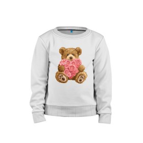 Детский свитшот хлопок с принтом Плюшевый медведь с сердечком в Новосибирске, 100% хлопок | круглый вырез горловины, эластичные манжеты, пояс и воротник | арт | животные | картинка | медвежонок | мишка | плюшевый медведь | рисунок | розовые цветы | розочки | розы | сердечко | сердце | сердце из роз | цветы