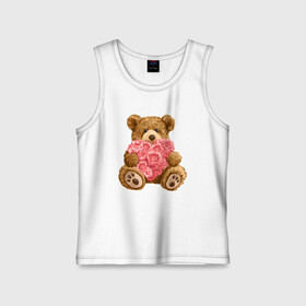 Детская майка хлопок с принтом Плюшевый медведь с сердечком в Новосибирске,  |  | арт | животные | картинка | медвежонок | мишка | плюшевый медведь | рисунок | розовые цветы | розочки | розы | сердечко | сердце | сердце из роз | цветы