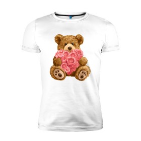 Мужская футболка премиум с принтом Плюшевый медведь с сердечком в Новосибирске, 92% хлопок, 8% лайкра | приталенный силуэт, круглый вырез ворота, длина до линии бедра, короткий рукав | арт | животные | картинка | медвежонок | мишка | плюшевый медведь | рисунок | розовые цветы | розочки | розы | сердечко | сердце | сердце из роз | цветы