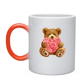 Кружка хамелеон с принтом Плюшевый медведь с сердечком в Новосибирске, керамика | меняет цвет при нагревании, емкость 330 мл | арт | животные | картинка | медвежонок | мишка | плюшевый медведь | рисунок | розовые цветы | розочки | розы | сердечко | сердце | сердце из роз | цветы