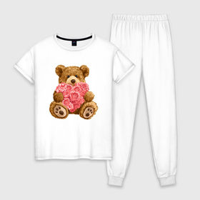 Женская пижама хлопок с принтом Плюшевый медведь с сердечком в Новосибирске, 100% хлопок | брюки и футболка прямого кроя, без карманов, на брюках мягкая резинка на поясе и по низу штанин | арт | животные | картинка | медвежонок | мишка | плюшевый медведь | рисунок | розовые цветы | розочки | розы | сердечко | сердце | сердце из роз | цветы