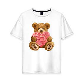 Женская футболка хлопок Oversize с принтом Плюшевый медведь с сердечком в Новосибирске, 100% хлопок | свободный крой, круглый ворот, спущенный рукав, длина до линии бедер
 | арт | животные | картинка | медвежонок | мишка | плюшевый медведь | рисунок | розовые цветы | розочки | розы | сердечко | сердце | сердце из роз | цветы