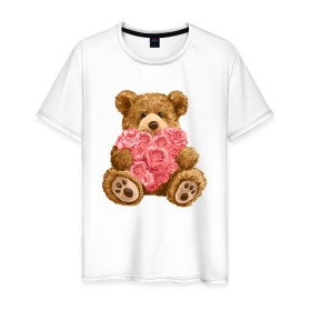 Мужская футболка хлопок с принтом Плюшевый медведь с сердечком в Новосибирске, 100% хлопок | прямой крой, круглый вырез горловины, длина до линии бедер, слегка спущенное плечо. | арт | животные | картинка | медвежонок | мишка | плюшевый медведь | рисунок | розовые цветы | розочки | розы | сердечко | сердце | сердце из роз | цветы