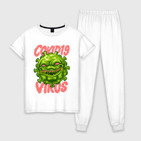 Женская пижама хлопок с принтом Covid-19 в Новосибирске, 100% хлопок | брюки и футболка прямого кроя, без карманов, на брюках мягкая резинка на поясе и по низу штанин | art | bacterium | coronavirus | pandemic | stayhome | stopcovid19 | virus | арт | бактерия | вирус | коронавирус | пандемия