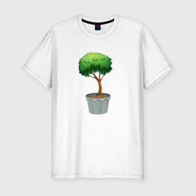 Мужская футболка хлопок Slim с принтом Дерево в Новосибирске, 92% хлопок, 8% лайкра | приталенный силуэт, круглый вырез ворота, длина до линии бедра, короткий рукав | бонсай | дерево | зелень | маленькое | мини | природа | рисунок | стикер