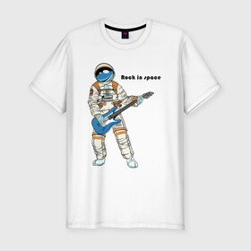 Мужская футболка хлопок Slim с принтом Rock in Space(1) в Новосибирске, 92% хлопок, 8% лайкра | приталенный силуэт, круглый вырез ворота, длина до линии бедра, короткий рукав | cosmonaut | rock | rock n roll | space | космонавт | космос | рок