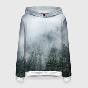 Женская толстовка 3D с принтом Туманный лес в Новосибирске, 100% полиэстер  | двухслойный капюшон со шнурком для регулировки, мягкие манжеты на рукавах и по низу толстовки, спереди карман-кенгуру с мягким внутренним слоем. | белый | зеленый | лес | облака | облако | природа | темный | туман