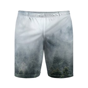 Мужские шорты спортивные с принтом Туманный лес в Новосибирске,  |  | белый | зеленый | лес | облака | облако | природа | темный | туман