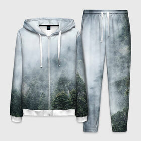 Мужской костюм 3D с принтом Туманный лес в Новосибирске, 100% полиэстер | Манжеты и пояс оформлены тканевой резинкой, двухслойный капюшон со шнурком для регулировки, карманы спереди | белый | зеленый | лес | облака | облако | природа | темный | туман