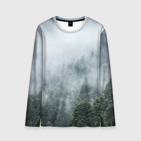 Мужской лонгслив 3D с принтом Туманный лес в Новосибирске, 100% полиэстер | длинные рукава, круглый вырез горловины, полуприлегающий силуэт | белый | зеленый | лес | облака | облако | природа | темный | туман