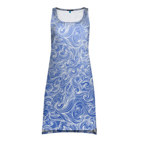 Платье-майка 3D с принтом Волны на голубом фоне в Новосибирске, 100% полиэстер | полуприлегающий силуэт, широкие бретели, круглый вырез горловины, удлиненный подол сзади. | textures | абстракция | белый | вода | водный | водяной | волны | дудл | дудлинг | завитки | загогулини | линии | морской | полосы | текстуры | фон