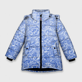 Зимняя куртка для девочек 3D с принтом Волны на голубом фоне в Новосибирске, ткань верха — 100% полиэстер; подклад — 100% полиэстер, утеплитель — 100% полиэстер. | длина ниже бедра, удлиненная спинка, воротник стойка и отстегивающийся капюшон. Есть боковые карманы с листочкой на кнопках, утяжки по низу изделия и внутренний карман на молнии. 

Предусмотрены светоотражающий принт на спинке, радужный светоотражающий элемент на пуллере молнии и на резинке для утяжки. | textures | абстракция | белый | вода | водный | водяной | волны | дудл | дудлинг | завитки | загогулини | линии | морской | полосы | текстуры | фон