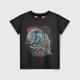 Детская футболка 3D с принтом Dino Punk в Новосибирске, 100% гипоаллергенный полиэфир | прямой крой, круглый вырез горловины, длина до линии бедер, чуть спущенное плечо, ткань немного тянется | art | dinosaur | mohawk | moon | punk | арт | динозавр | животные | ирокез | картинка | луна | панк | рисунок