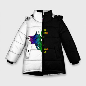 Зимняя куртка для девочек 3D с принтом Лягуха в Новосибирске, ткань верха — 100% полиэстер; подклад — 100% полиэстер, утеплитель — 100% полиэстер. | длина ниже бедра, удлиненная спинка, воротник стойка и отстегивающийся капюшон. Есть боковые карманы с листочкой на кнопках, утяжки по низу изделия и внутренний карман на молнии. 

Предусмотрены светоотражающий принт на спинке, радужный светоотражающий элемент на пуллере молнии и на резинке для утяжки. | Тематика изображения на принте: белая | большая | всю | геометрия | глаза | голова | граффити | дикие | добрые | животные | зверь | злые | картинка | лого | лягуха | лягушка | на | опасный | пасть | пятна | пятнистая | смешная | текстуры