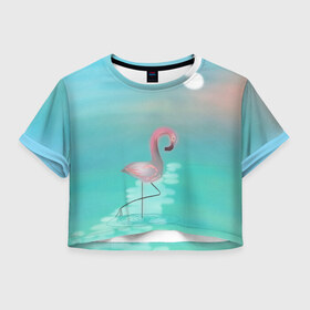 Женская футболка Crop-top 3D с принтом Фламинго в Новосибирске, 100% полиэстер | круглая горловина, длина футболки до линии талии, рукава с отворотами | арт | гора | графика | дельфин | животные | за | закат | картинка | кит | мной | море | небо | облака | пальма | пара | песок | пляж | побережье | радуга | рисунок | следуй | солнце | сюрреализм | фламинго