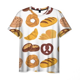 Мужская футболка 3D с принтом Булки в Новосибирске, 100% полиэфир | прямой крой, круглый вырез горловины, длина до линии бедер | Тематика изображения на принте: doodling | textures | tiles | булка | вкусно | выпечка | дудлинг | круассан | тайлы | текстуры | фон | хлеб